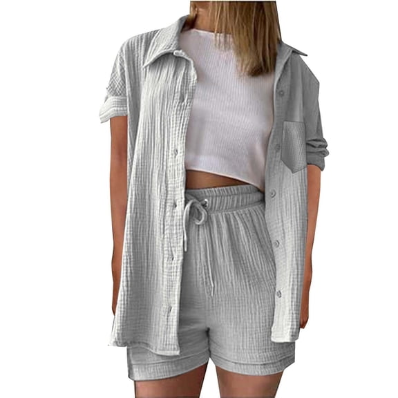 mihongmao 2 Piece Lounge Set Women Airport Travel Outfit Women's Summer Two Piece Neck Long Sleeve Shirt High Waist Drawstring Large Shorts Casual Set Gray L