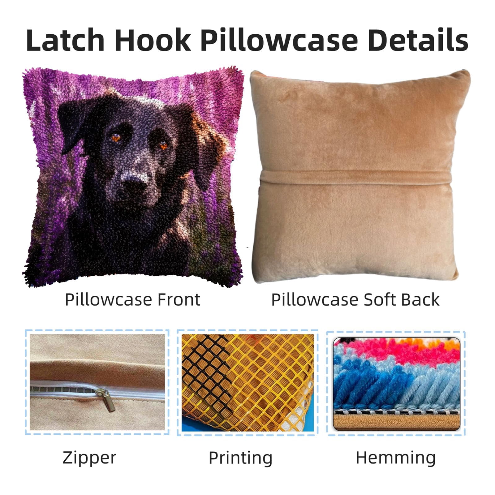 Black Labrador Retriever in Lavender DIY Latch Hook Pillow Kits for Adults Printed Pillowcase Crochet Yarns Hooking Handmade Pillow Cover Cushion for Home Sofa Decoration 17x17inch
