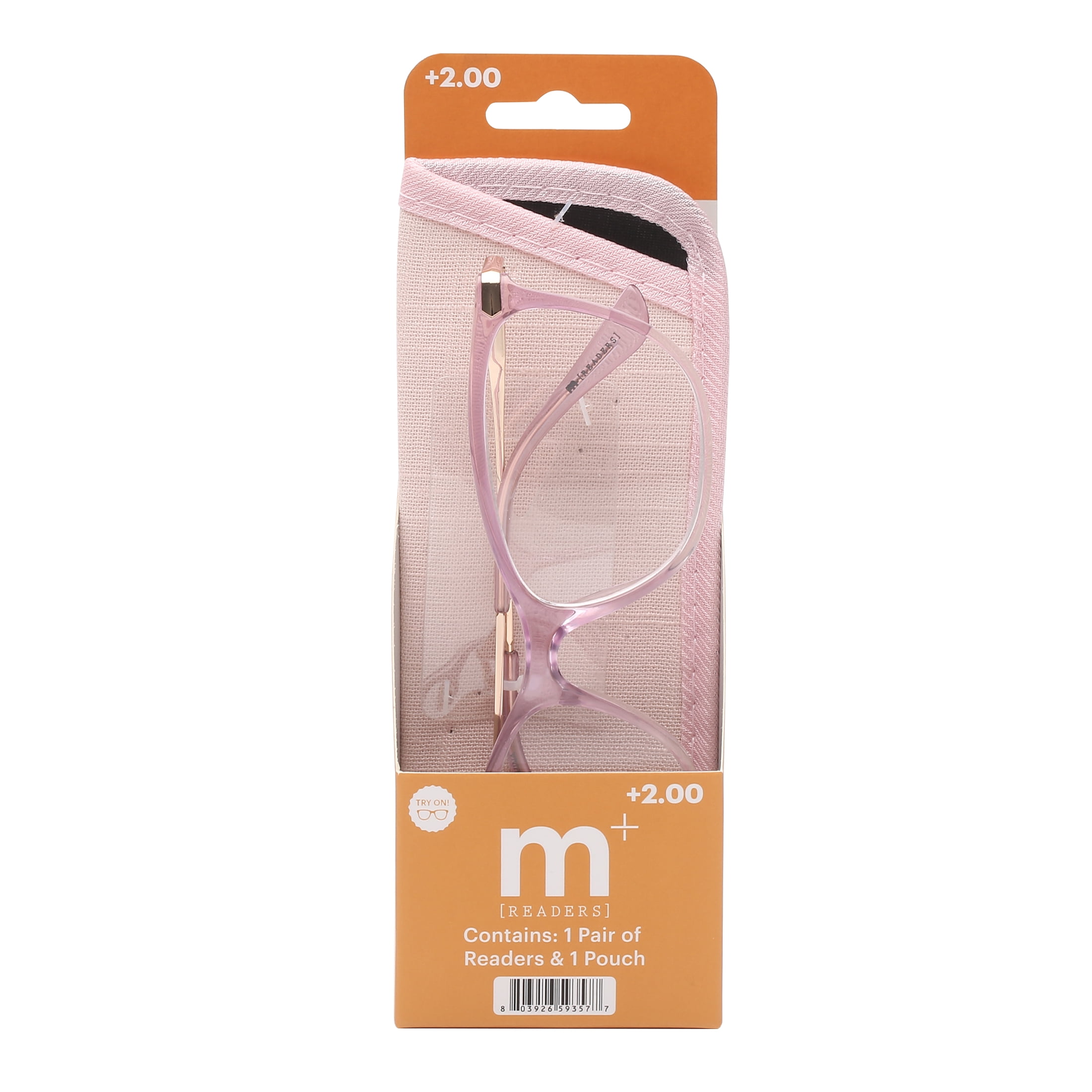 (2 pack) M+ Womens Spring Hinge Plastic Reading Glasses 2.00 Harriet in Crystal Purple with Pouch