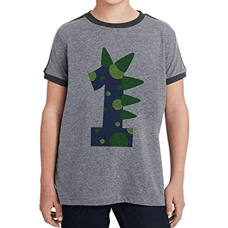 

7 ate 9 Apparel Kids 1st Dino Dinosaur Spike Birthday Shirt for Boys 1 1st One Grey Ringer Tee