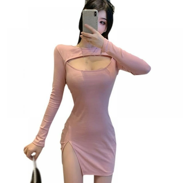 Femmes O Cou Creux Sexy Split Robe Taille Haute Mini Gaine Club Robe Courte Printemps Été Manches Longues Slim Robe