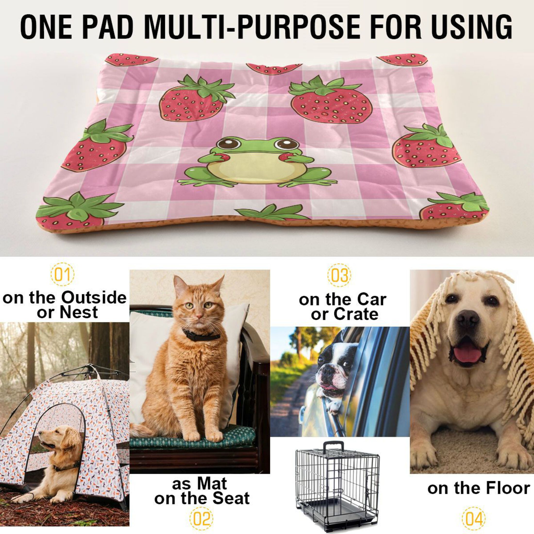 Qxltty Strawberry Frog Pattern Ped Pad Wear-resistant and Hard to Bite Through Sleeping Pad for Small Medium Large Dogs Winter Pet Bed 36×24in