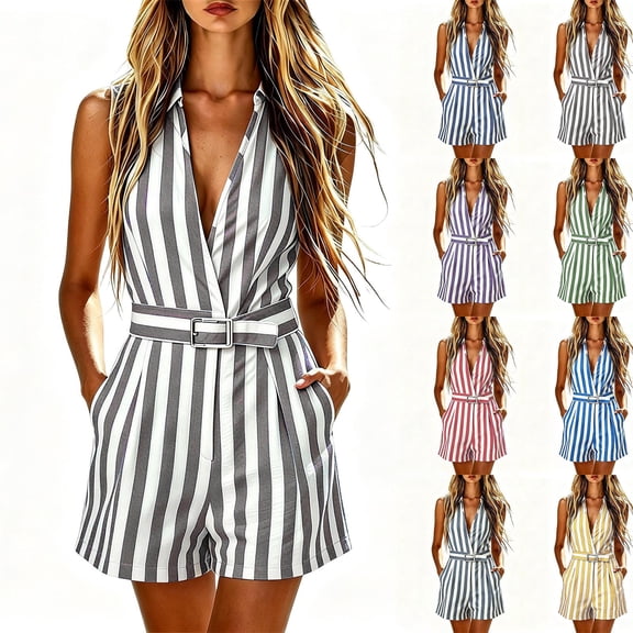 FchengtaiS Women Striped Rompers Sleeveless V Neck Jumpsuit Shorts with Pockets & Belt Summer Business Casual Outfits