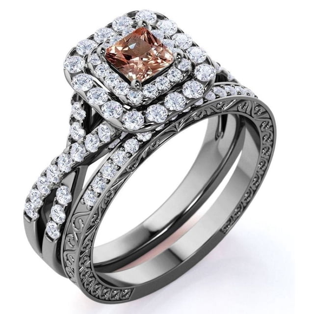 JeenMata Anillo de Bodas de 1,75 Uds, Corte Princesa, Morganita Creada en Color Champán, Doble Halo, Banda Retorcida, Inspiración Vintage, Engastado en Oro Negro de 18 K sobre Plata