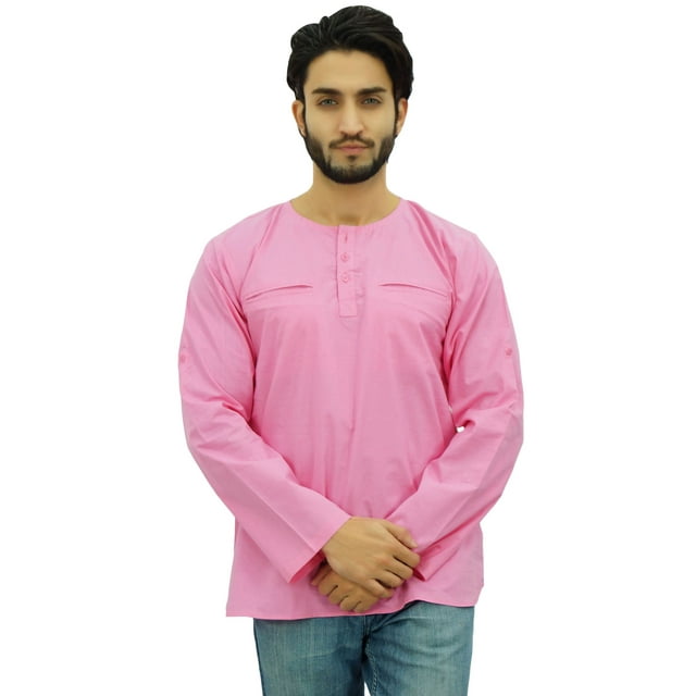 Atasi Kurta pour Homme à Col Rond en Coton, Manches Retroussables, Chemise Rose Bébé - XX-Grand