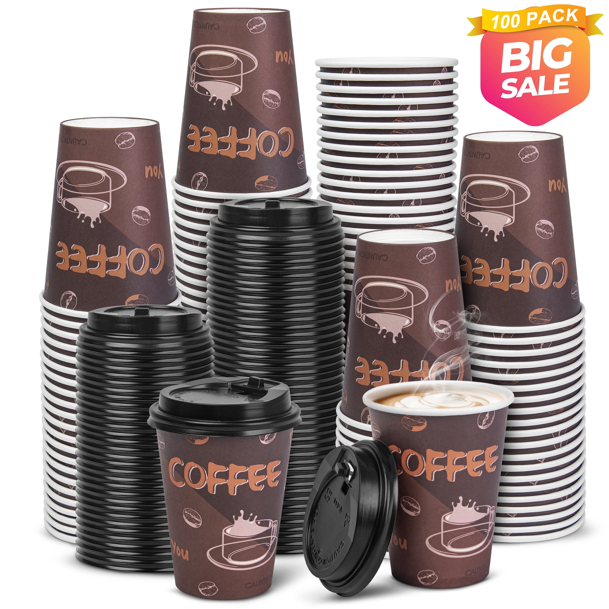 100 Sets 12 oz Paper Coffee Cups, Disposable Cups with Lids for Hot