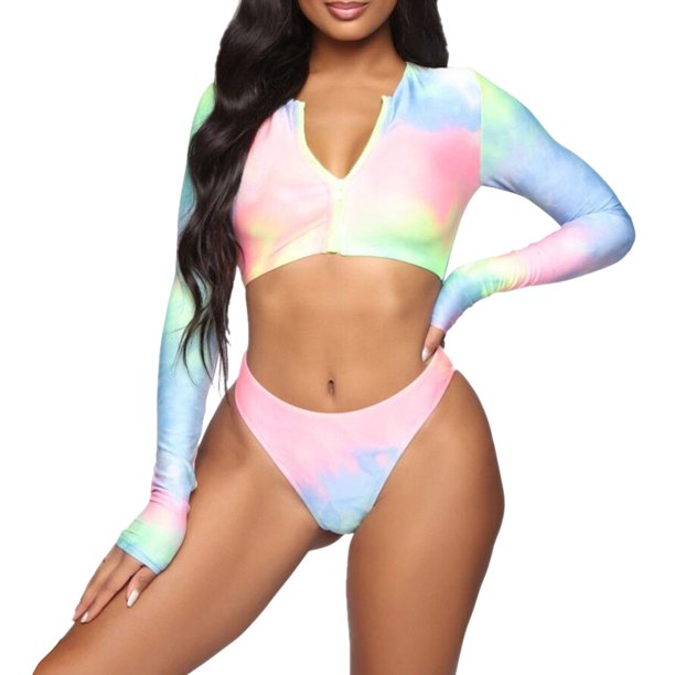 Conjunto De Bikinis Traje de baño sexy de bikini con cremallera y manga larga con efecto tie dye Cgtredaw Para estrenar