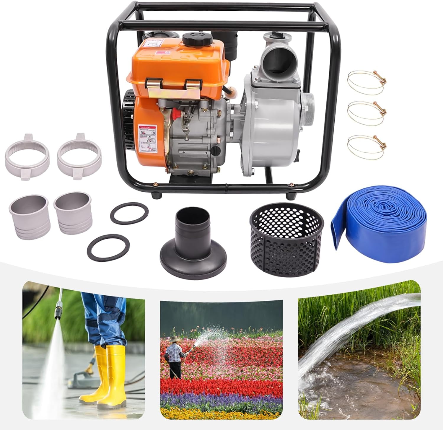 4-Stroke 196CC Diesel-powered Water Pump, 3 inch Trash Water Transfer Pump, Portable High Pressure with 24.61ft Hose, Diesel Water Pump for Irrigation Pool