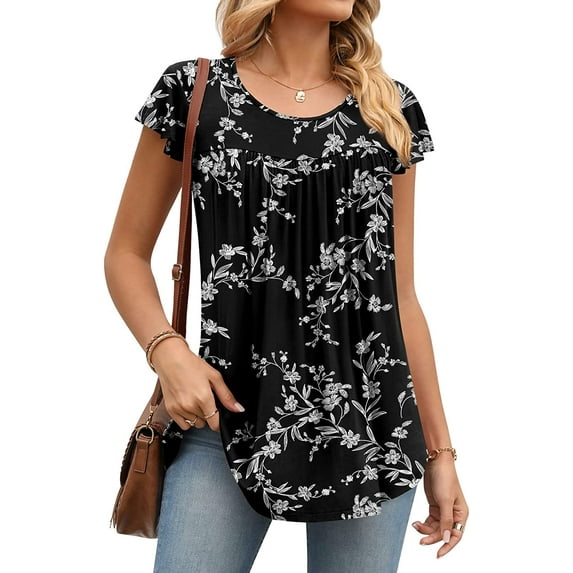 Anyjoin Women's Short Sleeve Tunic Tops Casual Print Pleated Blouse
