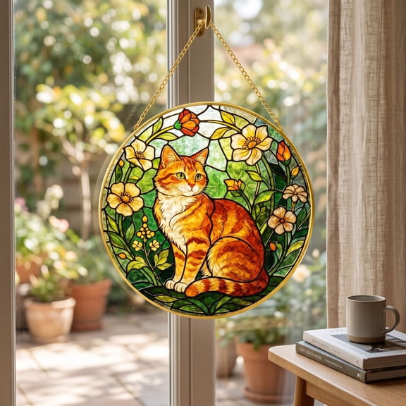 Stained Glass Suncatcher, Floral Cat Window Hanging Ornament With Colorful Light Reflection And Vintage Art Design, Home Window Wall Door Decor Gift for Cat Lovers