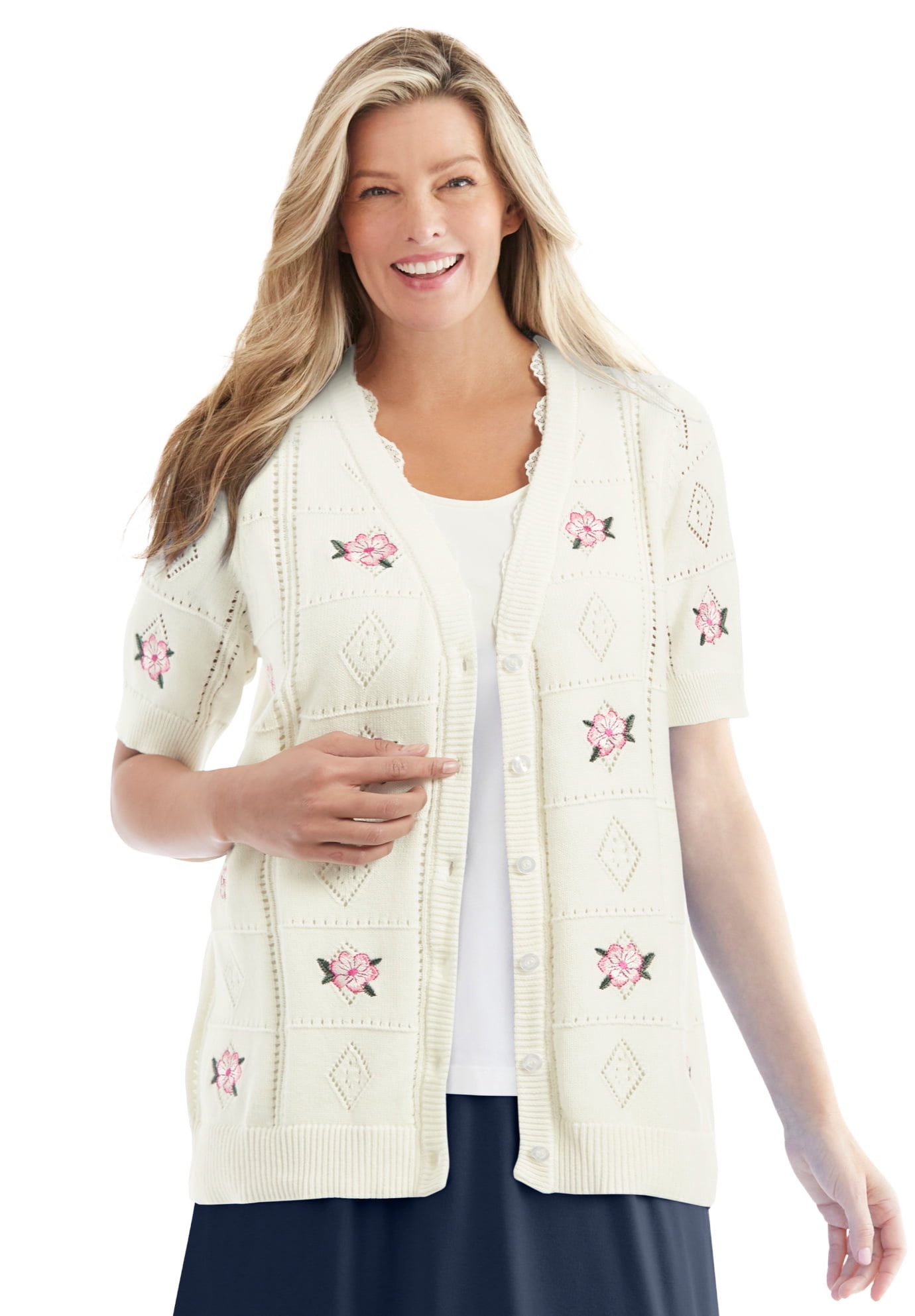 Woman Within Women's Plus Size Pointelle ElbowLength Cardigan