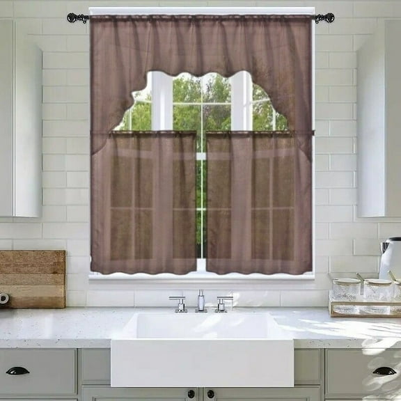 3-Piece Set BROWN Rod Pocket Elegant Voile Sheer Kitchen Window Curtain Set - 2 panel 27" x 36" each panel, 1valance 55"x 36"Design (GHL66)