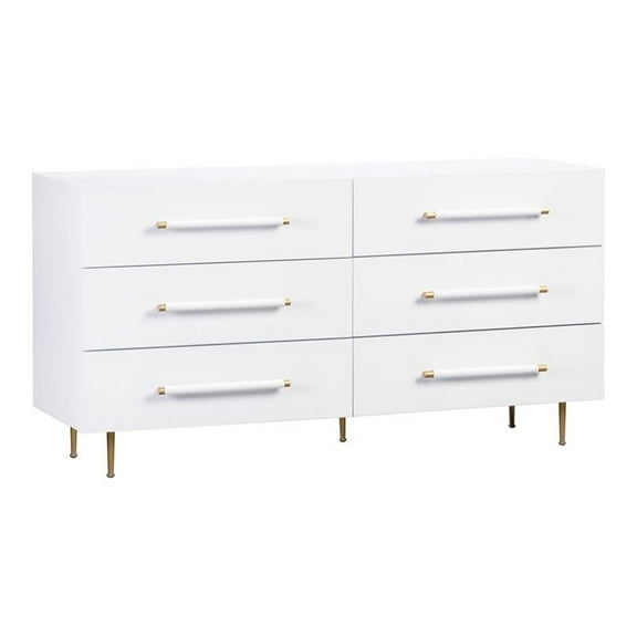 Maklaine 32"H 6-Drawer Modern Wood/Iron Dresser in White/Gold