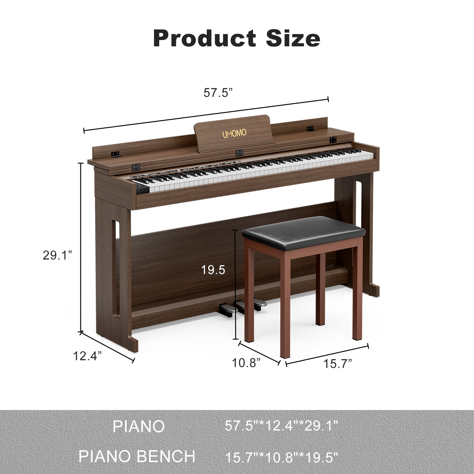 UMOMO 88 Weighted Key Digital Piano Keyboard with Piano Bench, Full Size Electric Piano with Piano Stand, Headphone Jack, 3 Pedal, Electronic Piano for Beginner, Adults, Brown