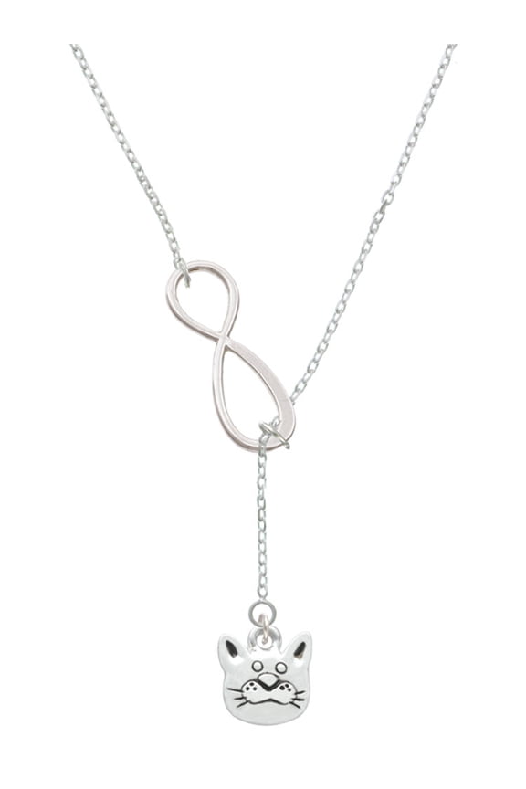 Silvertone Large Cat Face Silver tone Elegant Infinity Lariat Necklace