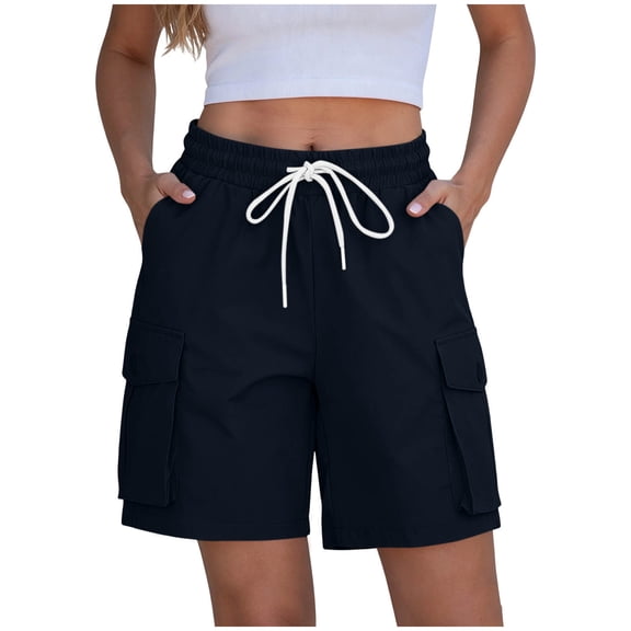 Cagogo Womens Shorts Elastic Waist Flowy Casual Loose Fit Solid Basic Summer Vacation Beach Hiking Shorts with Pockets, Dark Blue XL