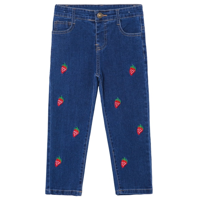 KIDSCOOL SPACE Baby Little Girls Jeans,Strawberry Embroidered Strechy Denim Soft Slim Pants,4-5 Years