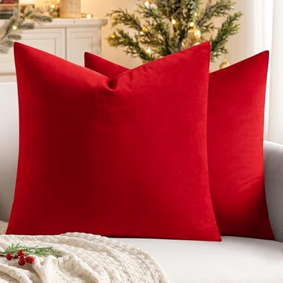 Eryueer Velvet Soft Soild Microfiber Decorative Square Pillow Case Throw Cushion Cover for Sofa Bedroom with Invisible Zipper 18x18 Inch 45x45cm Bright Red Set of 2 Lined