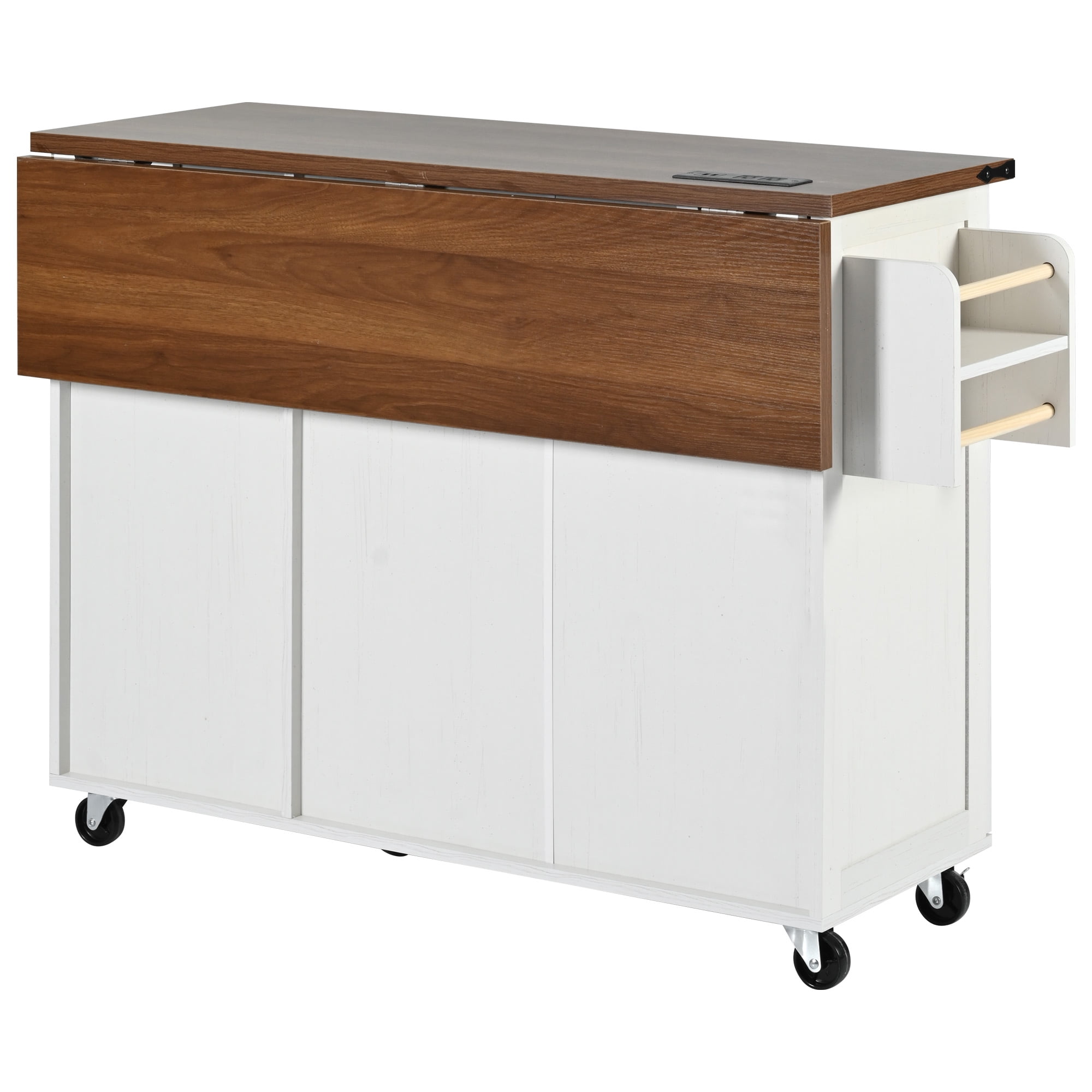 54.5" Rolling Island Cart for Kitchen with Power Outlet, 2 Sliding Barn Door Kitchen Storage Island with Drop Leaf, Spice Rack Rolling Kitchen Cart on Wheels, White