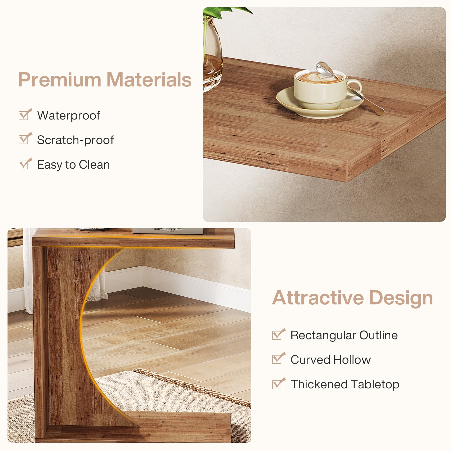 Fnova End Table Farmhouse C-shaped Side Table, Narrow Wooden Sofa Table with Space-Saving Design, Modern Bedside Table, Easy Assembly, Corner Table for Living Room, Bedroom, Nightstand, Brown