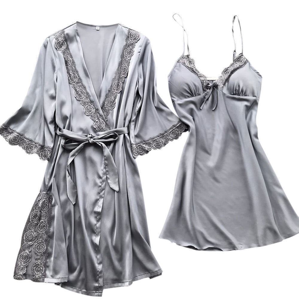 Knosfe 2 Pack Sleepwear Robe and Dress Set Solid Color Pjs Sexy ...