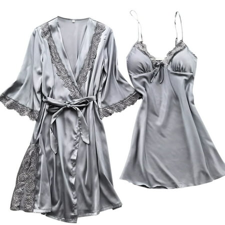

DNDKILG Women s Lingerie Pajama Set 2 Piece Casual Cami and Robe Lounge Soft Nighty Gray XL