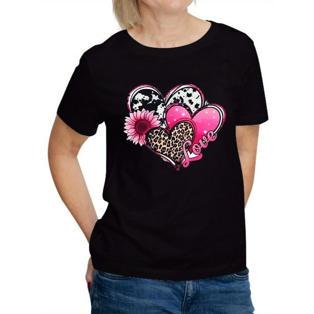 Camiseta con estampado de corazón, informal, de cuello redondo y manga corta, para mujer, 100 % algodón, para deporte y tiempo libre.