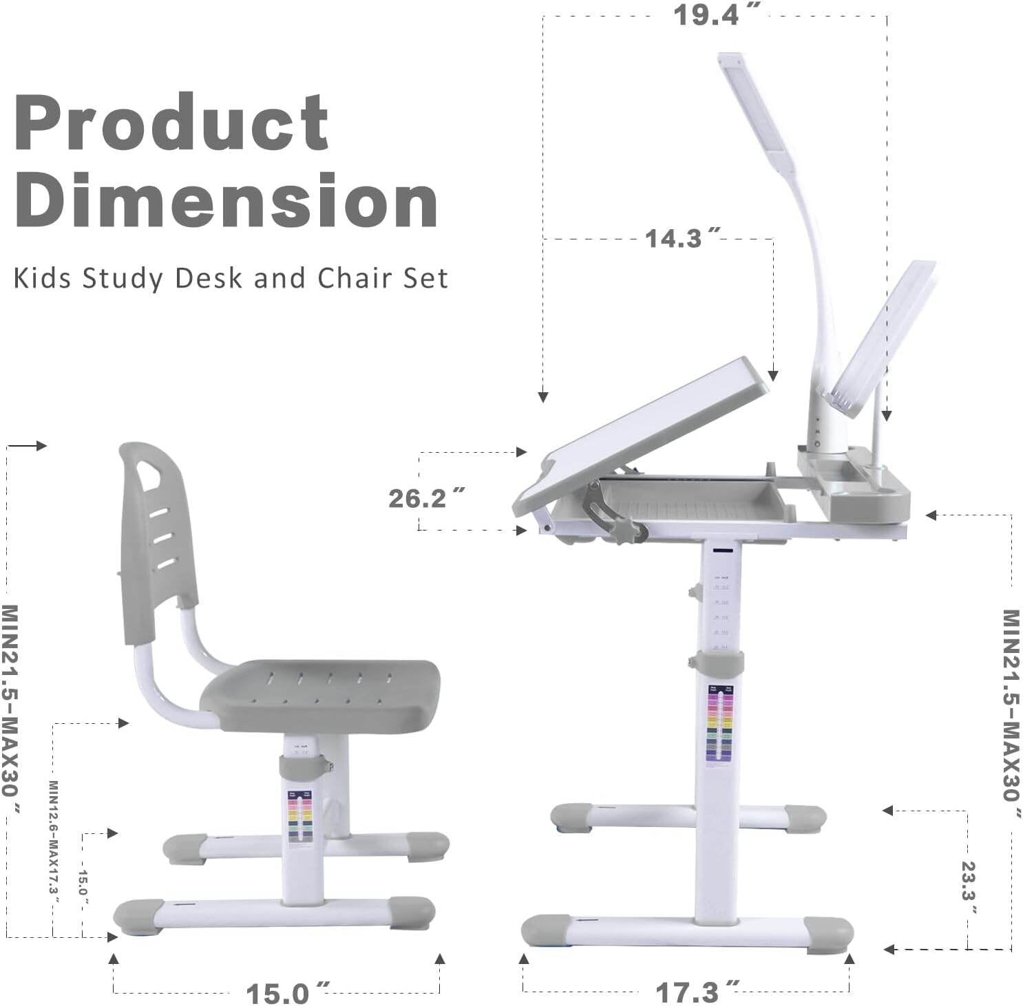 Kids Furniture Desk for Kids Desk and Chair Set Kids Art Desk Drafting Table Desk Set with Adjustable Height, 40-Degree Tiltable Children Desktop, LED Light, Bookstand, Gray,Baby Nursery Furniture