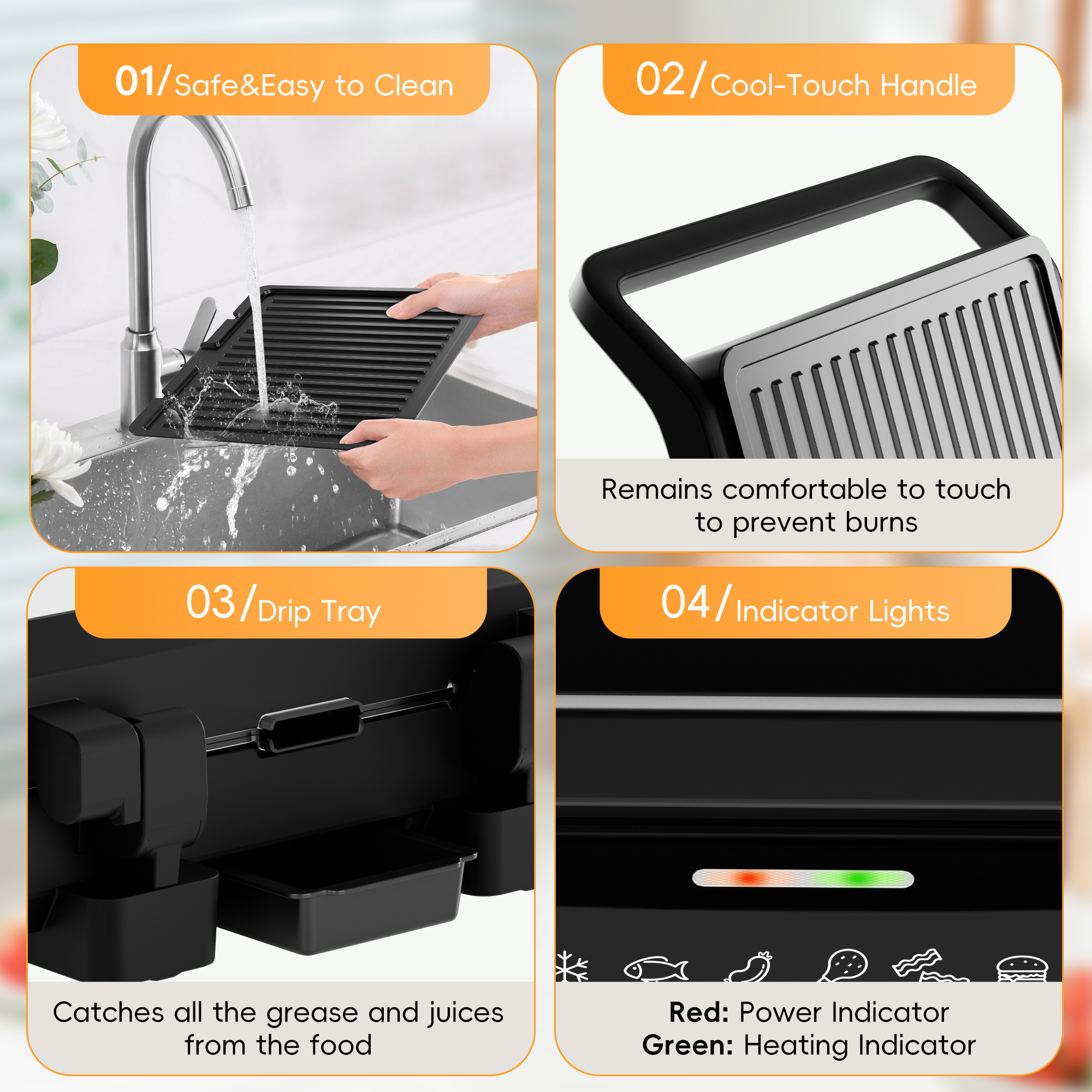 Whall 4-in-1 Indoor Grill & Griddle Combo, 1600W, Black photo 3