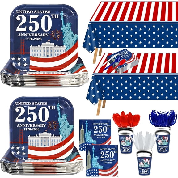 Patriotic Party Supplies Set, 170 Pieces, Serves 24, USA 250th Anniversary 4th Of July American Flag Plates, Napkins, Cups, Cutlery, Tablecloths, Red White Blue