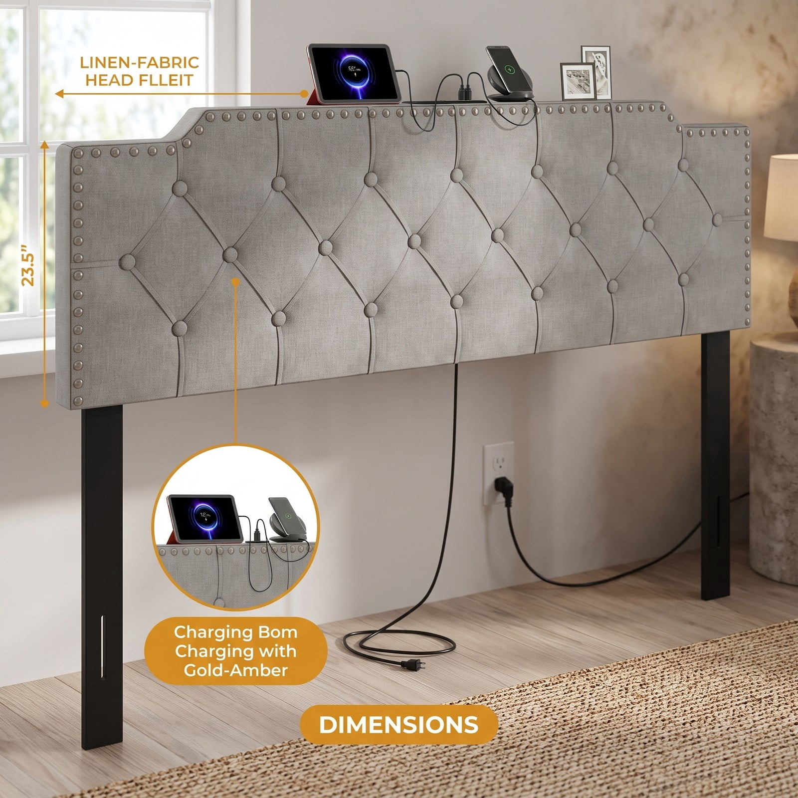 Furnibear Nailhead Trim Tufted Upholstered Headboard with 2 AC Outlets and USB and Type-C Ports for Full and Queen Beds, Gray
