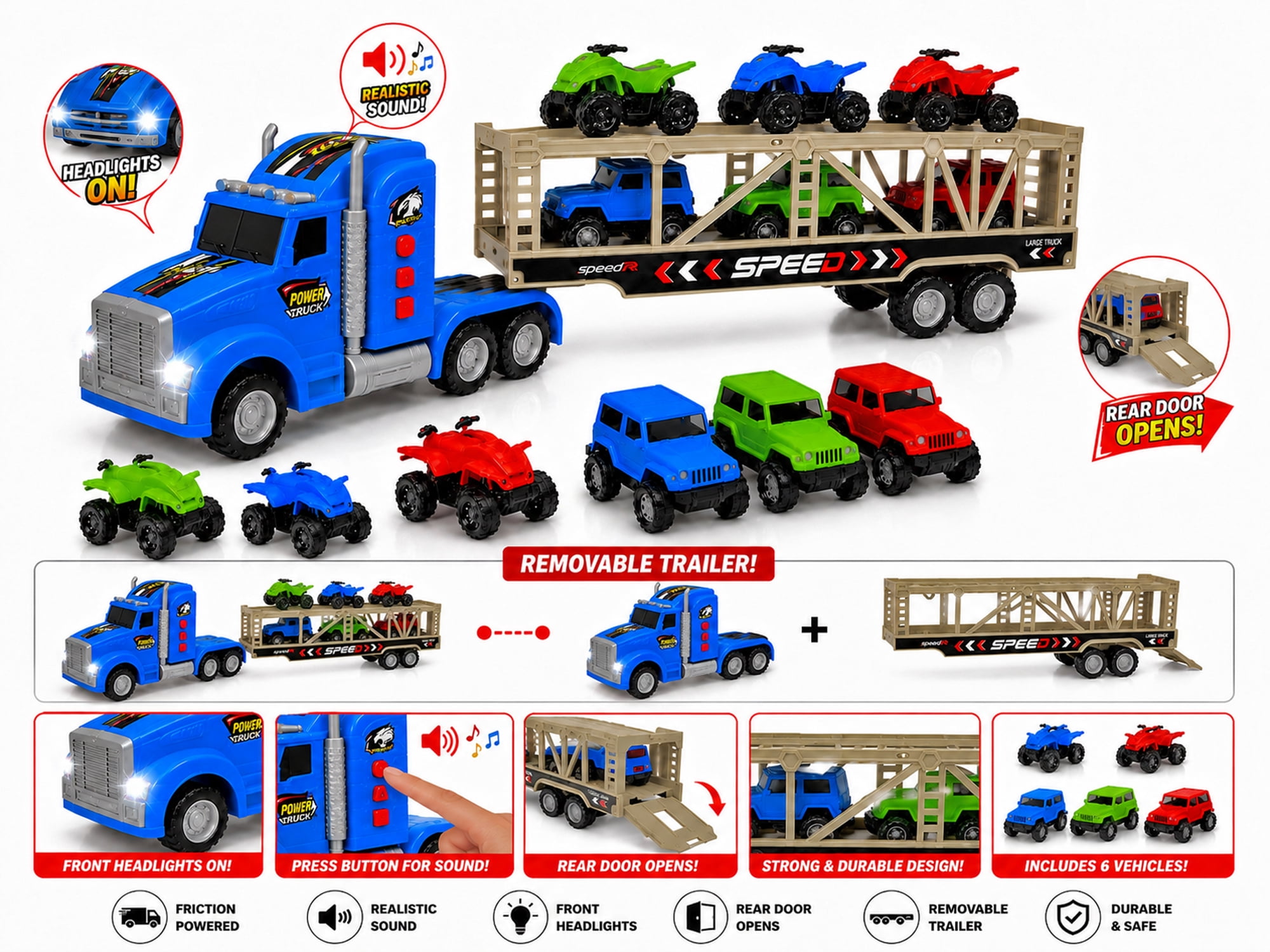 Friction Powered Toy Car Carrier Truck, 23 Inch Transport Trailer with 6 Mini Vehicles, Lights, Sounds, Opening Rear Door, Detachable Trailer