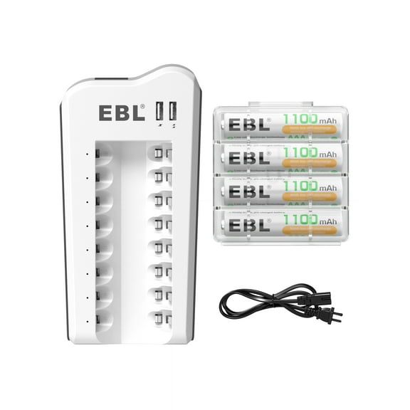 EBL 1100mAh 1.2V NiMH AAA Rechargeable Batteries (4 Pack) and 808U Rechargeable AA AAA Battery Charger with 2 USB Charging Ports