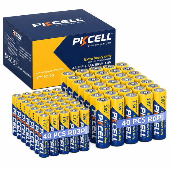 PKCELL 1.5V Carbon Zinc AA & AAA Batteries (40 Double A 40 Triple A), 80-Count Value Pack for Household Devices