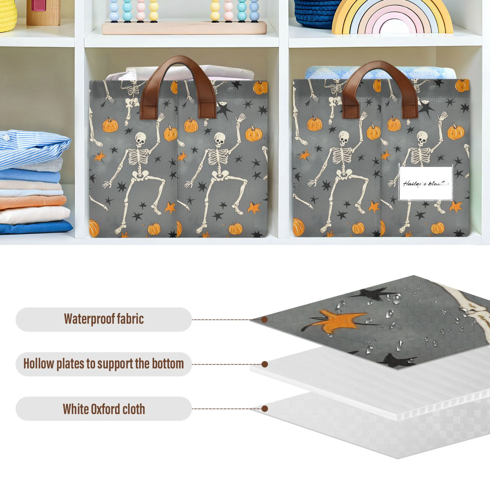 Yayeee Foldable Storage Basket for Shelves with Handles Waterproof Cloth Bins, Halloween Dancing Skeleton