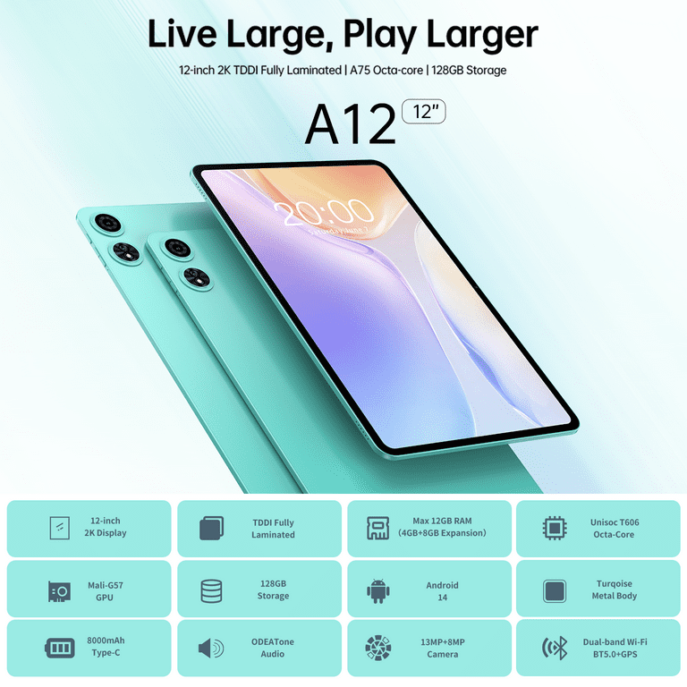 ODEA 12 inch Tablet Android 2K 2000x1200 Display, A12 Android 14