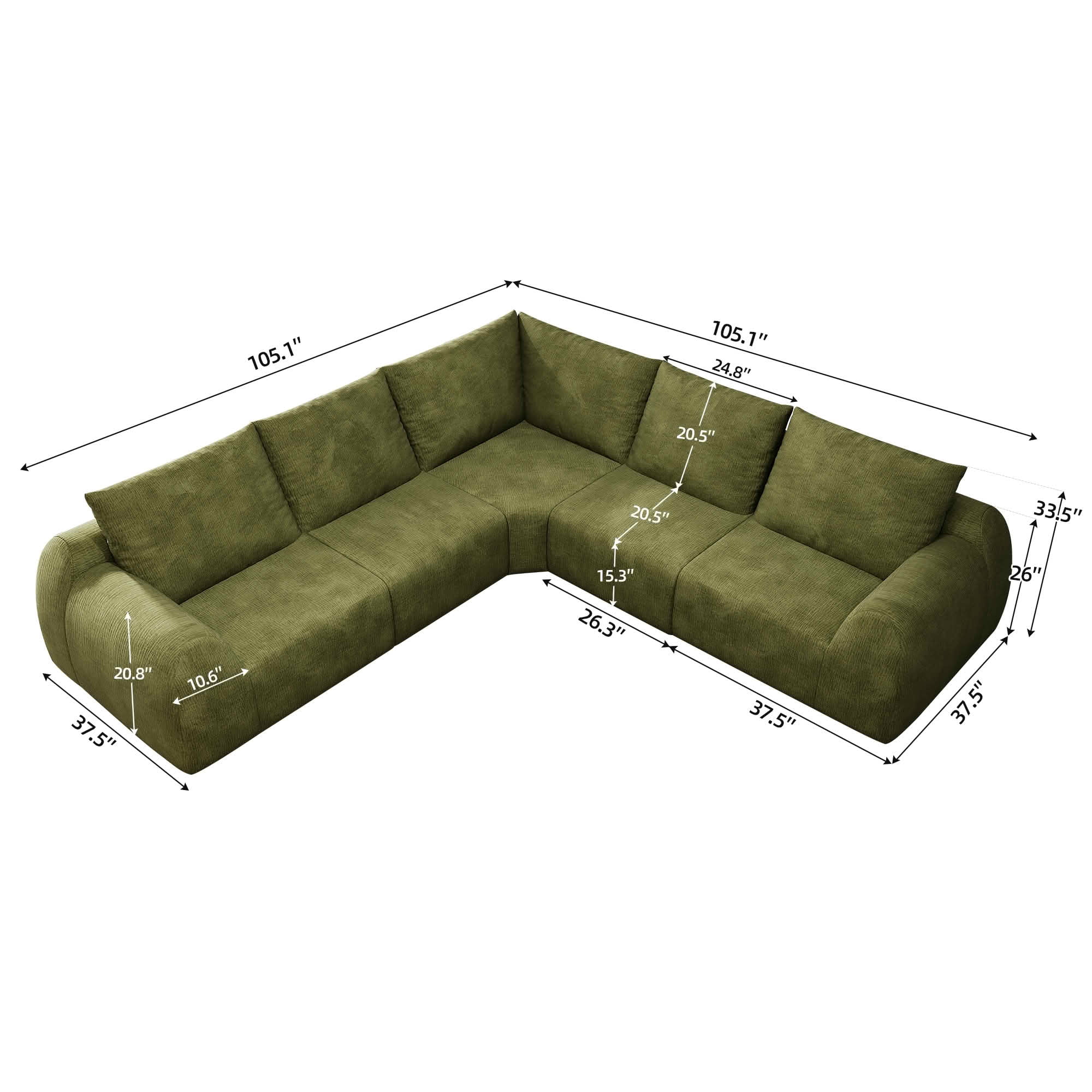 MAYEERTY 105" V Shaped Modular Cloud Sectional Sofa, 5 Seats Vacuum Compressed Chenille Couch, No Assembly Required Oversized Fabric Sofa