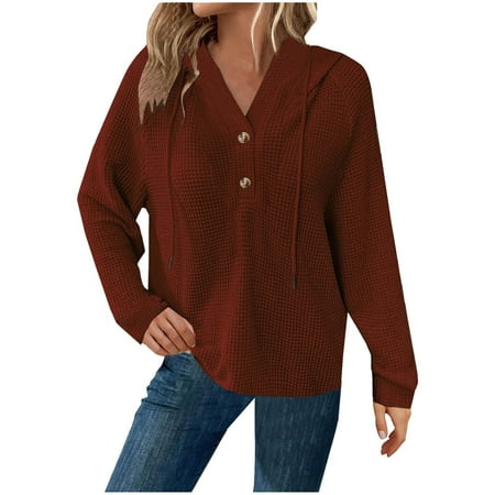 WCMZJ Hoodies for Women Waffle Knit Drawstring Button V Neck Long Sleeve Casual Pullover Sweatshirt Hooded Tops Brown XL