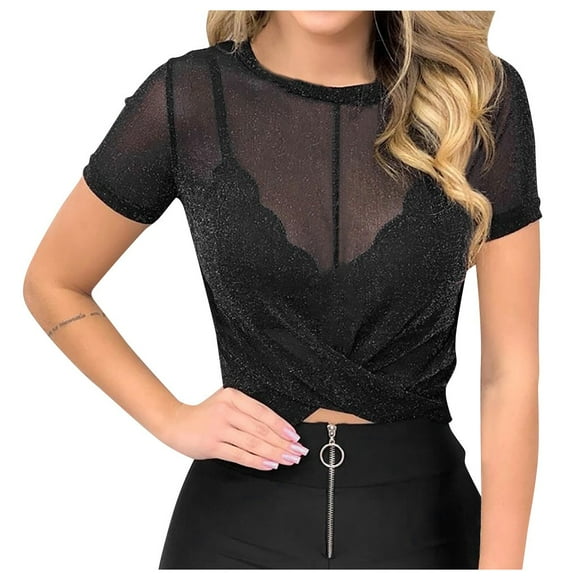 outfmvch crop tops for women tie up see through short sleeve mesh perspective short womens tops crop tops black