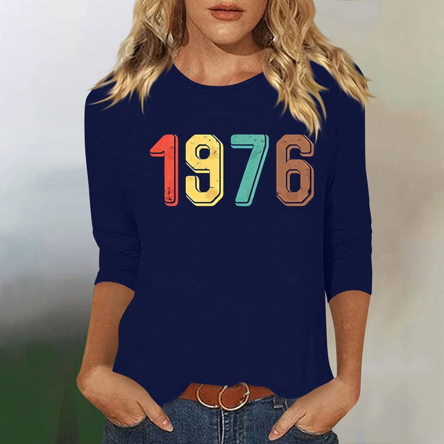 Uootdi Hauts pour Femmes Manches 3/4 Col Rond Imprimé Arc-en-Ciel Rétro 1976 Coupe Décontractée T-Shirts Nostalgiques d'Été Cadeau