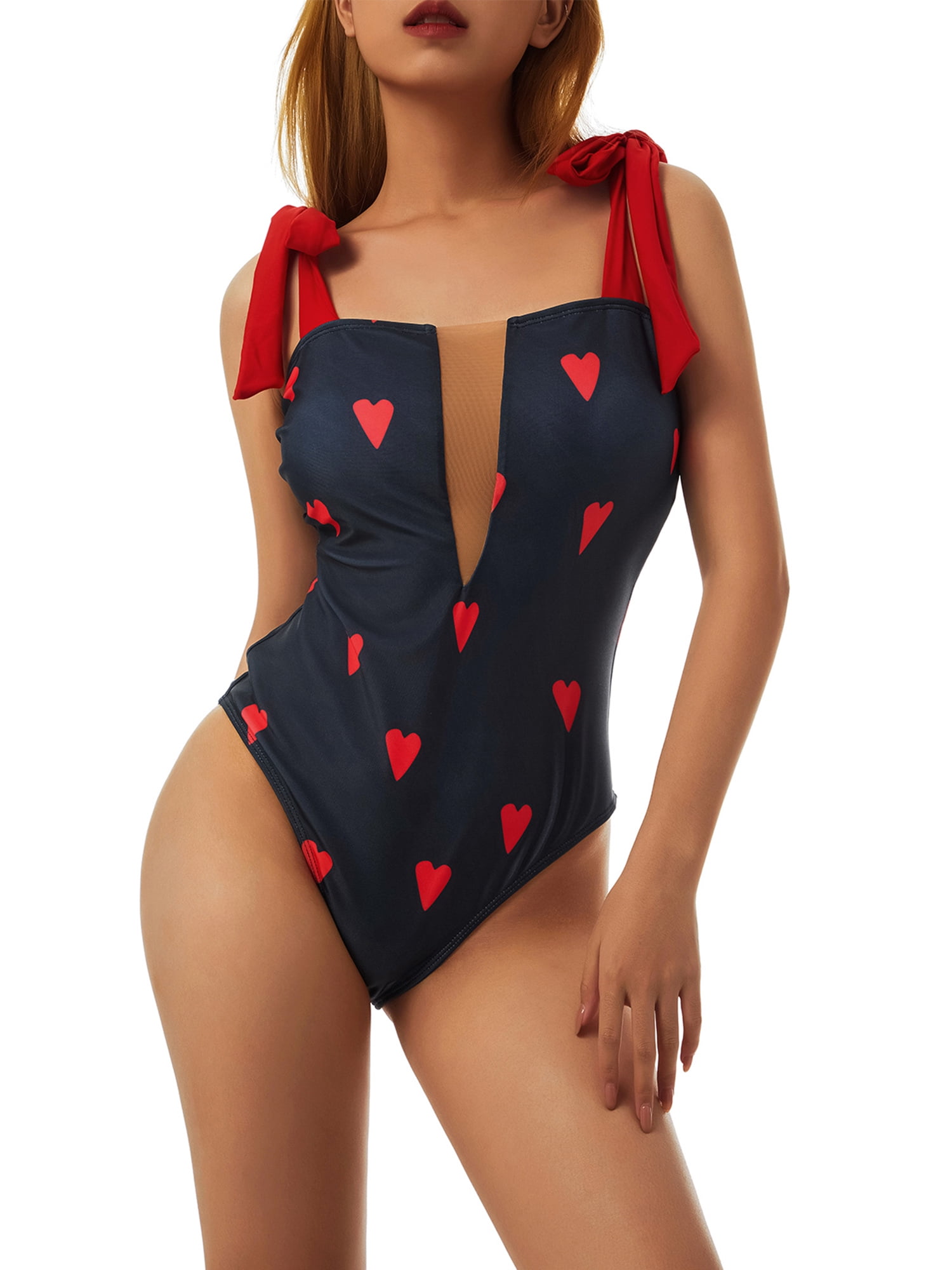 Women One Piece Swimsuit Tie Up Sleeveless Square Neck Bodycon Romper Contrast Color Floral Bodysuit Bikini Walmart Com