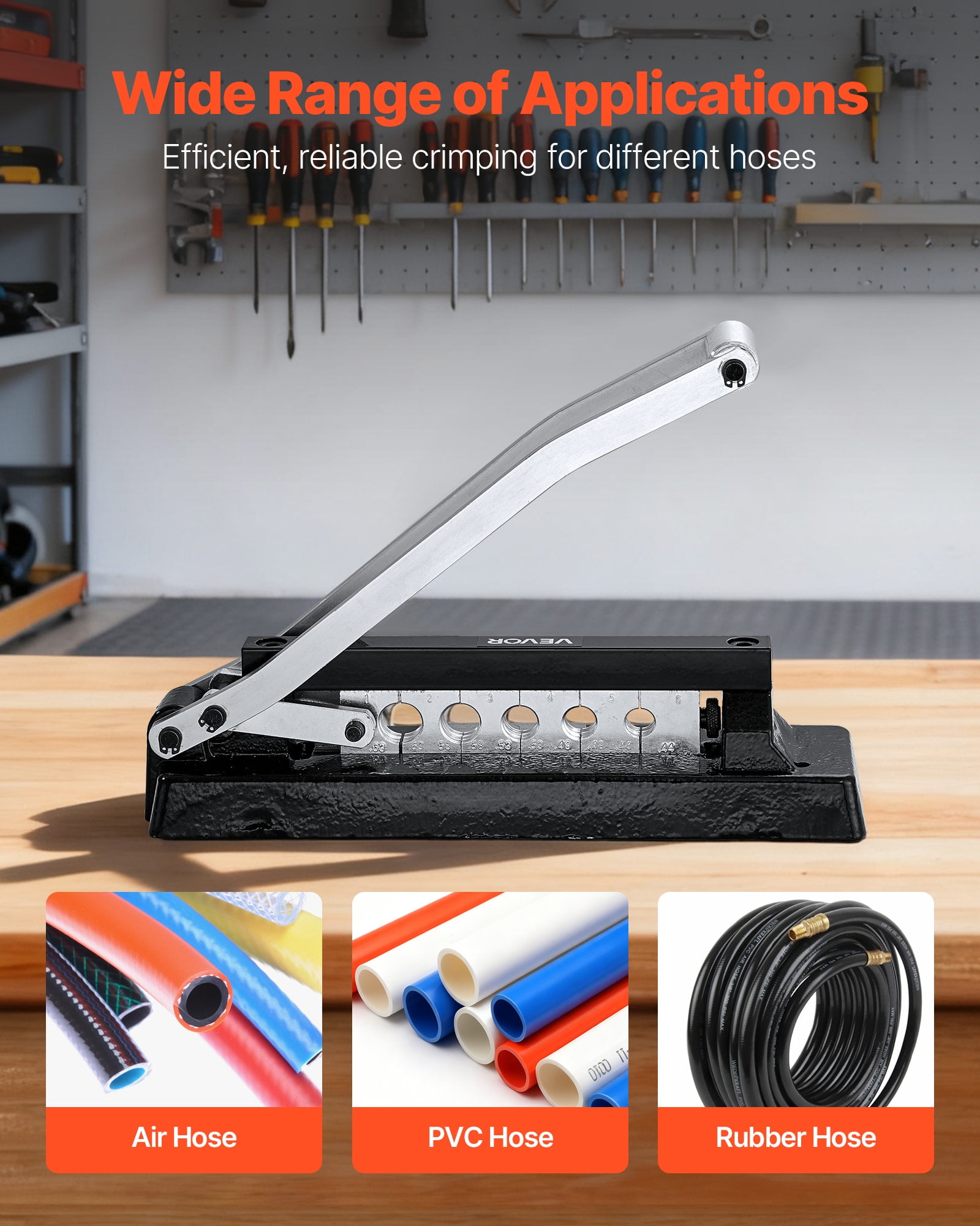 VEVOR Heavy Duty Hose Ferrule Crimping Tool, Standard Bench Hose Crimper with 5 Die Holes & 0.44"-0.63" Crimping Range for PVC Rubber Hoses, Air Hoses Crimping Repair Kit (Ferrules Not Included)