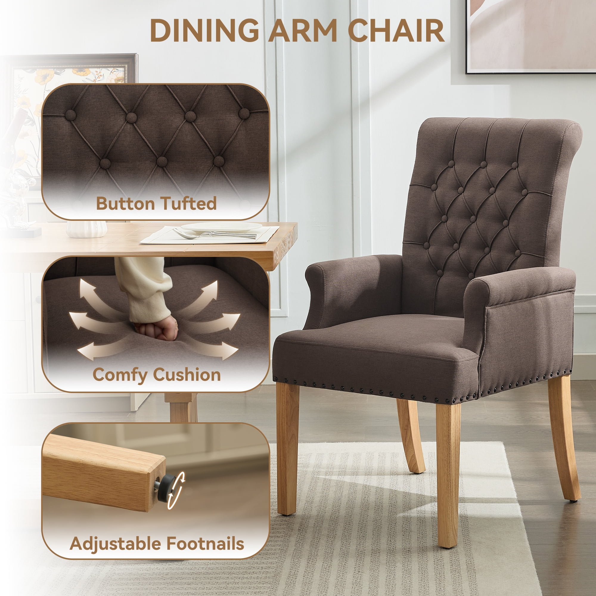 Fabric Upholstered Dining Chair with Arms, Tufted High Back Accent Coffee Armchair for Kitchen Dining Room Living Room, Brown