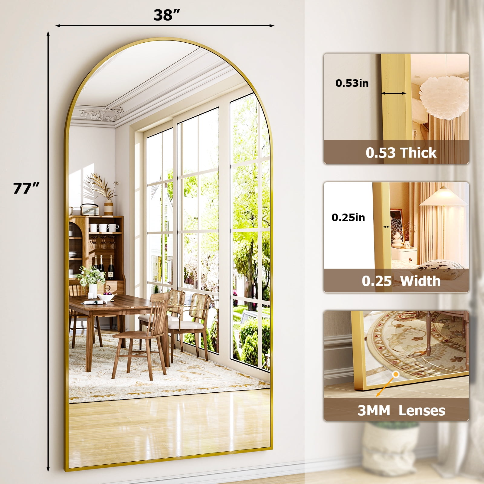 Easy4Home 77"x38" Oversized Arched Full Length Mirror with Aluminum Alloy Frame Freestanding Floor Dressing Mirror, Gold