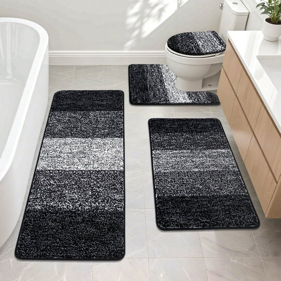 Ileading Traditional 4 Piece Microfiber Washable Bathroom Rug Set, Black