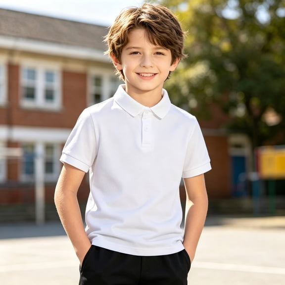 Boys Golf Polo Shirt School Uniform White Short Sleeve Button Collared Tee Casual Performance Active T Shirt Size 10-11 Years