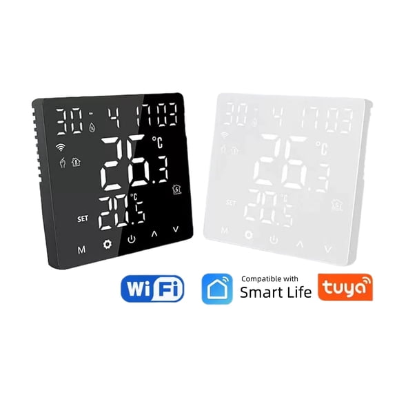Smart thermostat, a WiFi programmable thermostat for home use, with LED display touchscreen, sensor function, remote control start and temperature control.