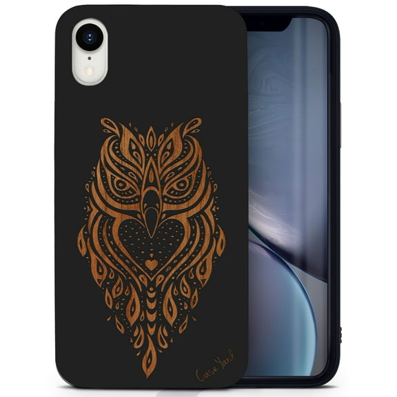 Wood phone case for iPhone XR compatible protective cell phone cover shockproof slim fit laser engraved Owl 4 design Black wood case for Men & Women by CaseYard