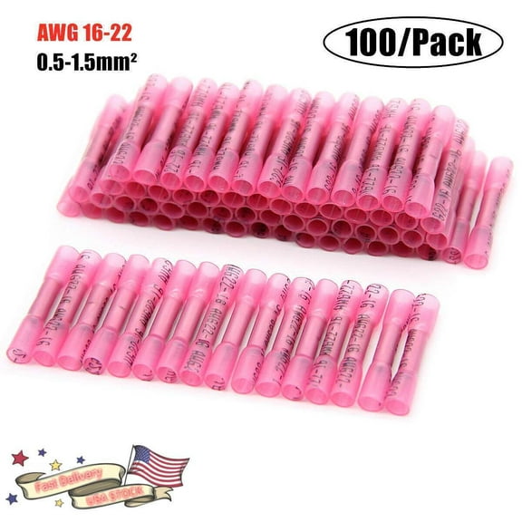 100Pcs Red Heat Shrink Butt Wire Connectors Crimp Terminals AWG 16-22 Gauge US