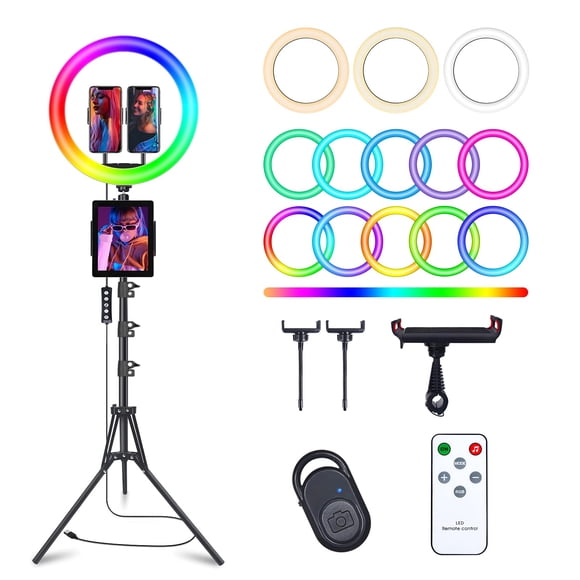 Anillo de luz para selfie de 13" con soporte para trípode de 76" y soporte para 3 teléfonos, anillo de luz LED para cámara con 48 modos de colores RGB y modo de ritmo musical y 12 brillos regulables p